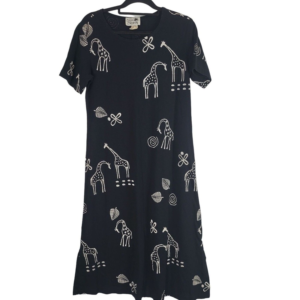 Vintage Copa Cabana T Shirt Maxi Dress M Womens Black White Giraffe Zoo Travel